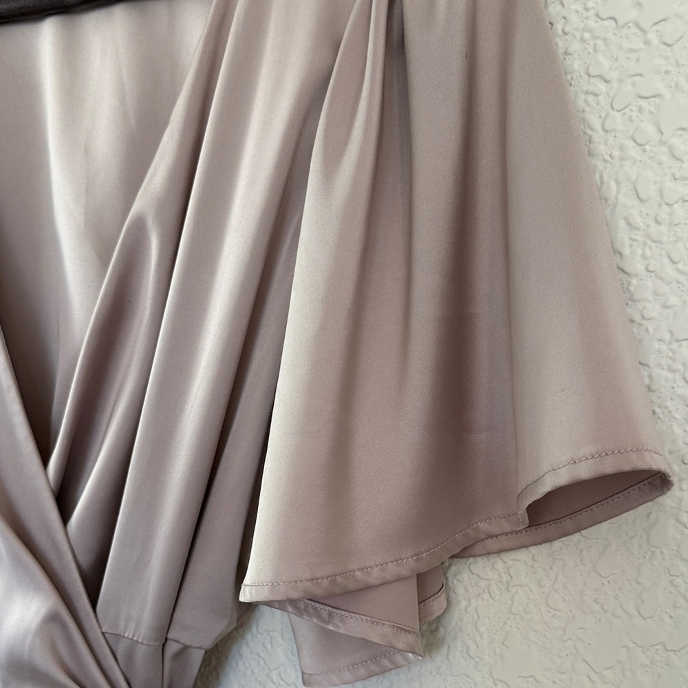 Satin‎ Wrap Dress in Champagne With Ruffled Asymmetric Hem - Picture 4 of 16